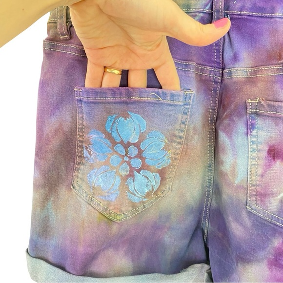 Upcycled Tie Dye Denim Overalls Shorts Womens Size Medium 6 8 Hand Painted Multi - Picture 8 of 14